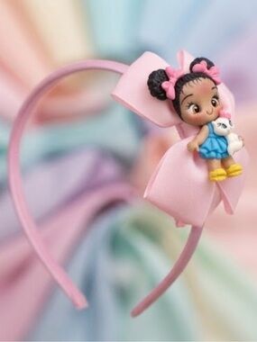 Custom clay Kids Pink Bow Headband with Doll and Cat Accent